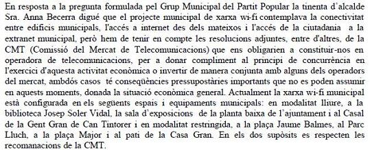 Resposta de l'Ajuntament de Gav&agrave; al prec presentat pel PPC de Gav� sol�licitant WI-FI gratu�t a m�s punts de Gav� (29 de Gener de 2009)
